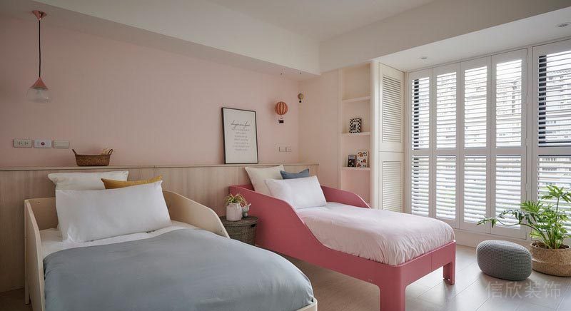 粉色兒童房臥室設(shè)計(jì)雙人床裝修百葉窗木質(zhì)環(huán)保創(chuàng)意設(shè)計(jì)圖