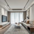 輕奢風客廳裝修效果圖中央空調智能窗簾直線沙發(fā)木質效果