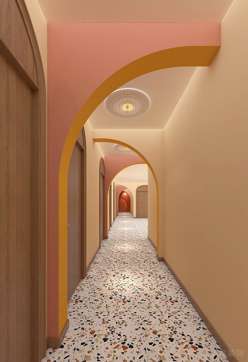 弧形水磨石彩色地板過道通現(xiàn)代風(fēng)設(shè)計少兒培訓(xùn)興趣班裝修效果圖